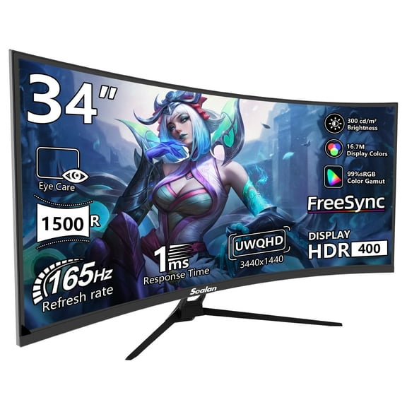 Sealan 34 inch Ultrawide Curved Computer Gaming Monitor 165Hz UWQHD 3440x1440,1500R -PIP,1ms (MPRT),HDR, 300nits, sRGB99%,FreeSync,HDMI2.0(TMDS) x2,DP1.4 x2,Eye Care,Support Wallmount 75x75mm