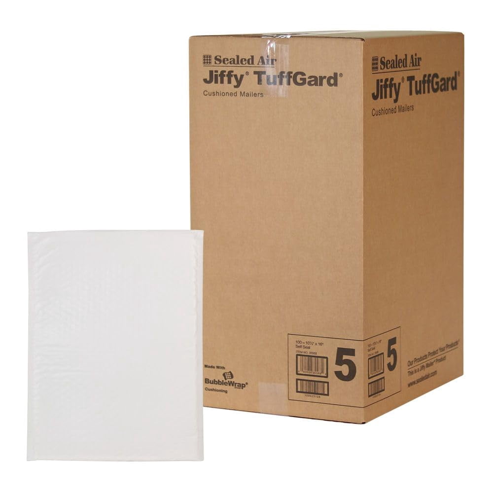 Sealed Air Jiffy TuffGard Cushioned Shipping Mailing Envelope, Case of 100, Bubble Mailer Made with BubbleWrap, #5 - 10.5" x 16", White
