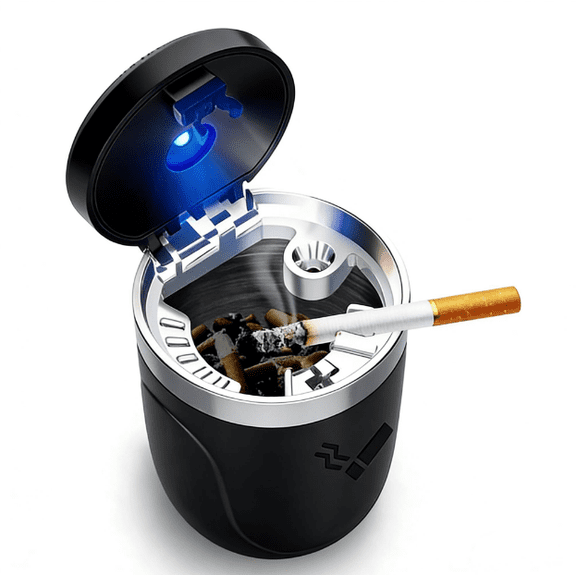 Sealed Cup Holder Ashtray | Smokeless Design with Odor-Locking Lid & LED Light