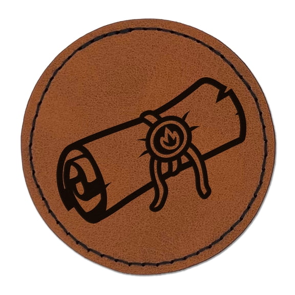 Sealed Magic Spell Scroll 2.5" Faux Leather Round Engraved Iron-On Patch - Brown