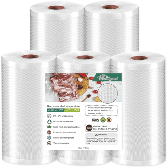 Sealegend 3 Rolls (8" x 20') and 2 Rolls (11" x 20') Vacuum Sealer Bags,Vacuum seal Bags,Vacuum Sealer Rolls,Seal a Meal Bags