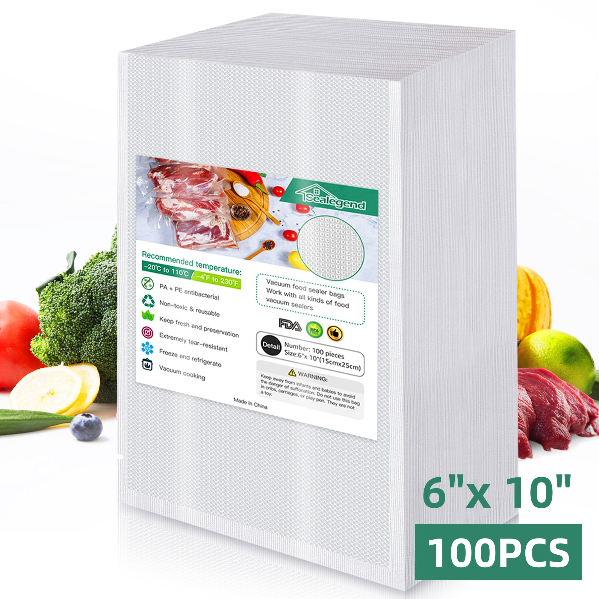 Sealegend 6"x 10"x100 Size Vacuum Sealer Bags For Food Saver,Freezer