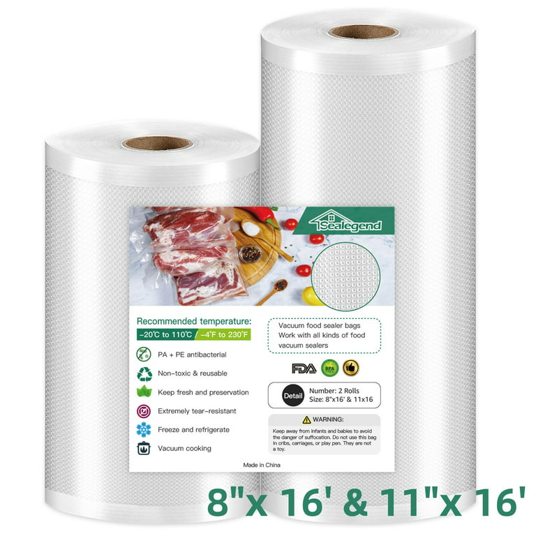 Sealegend 8x 16' & 11x 16' 2 Rolls Vacuum Sealer Bags For Food Saver,  Food Saver Storage Bags,Vacuum Seal a Meal Bags for Food 