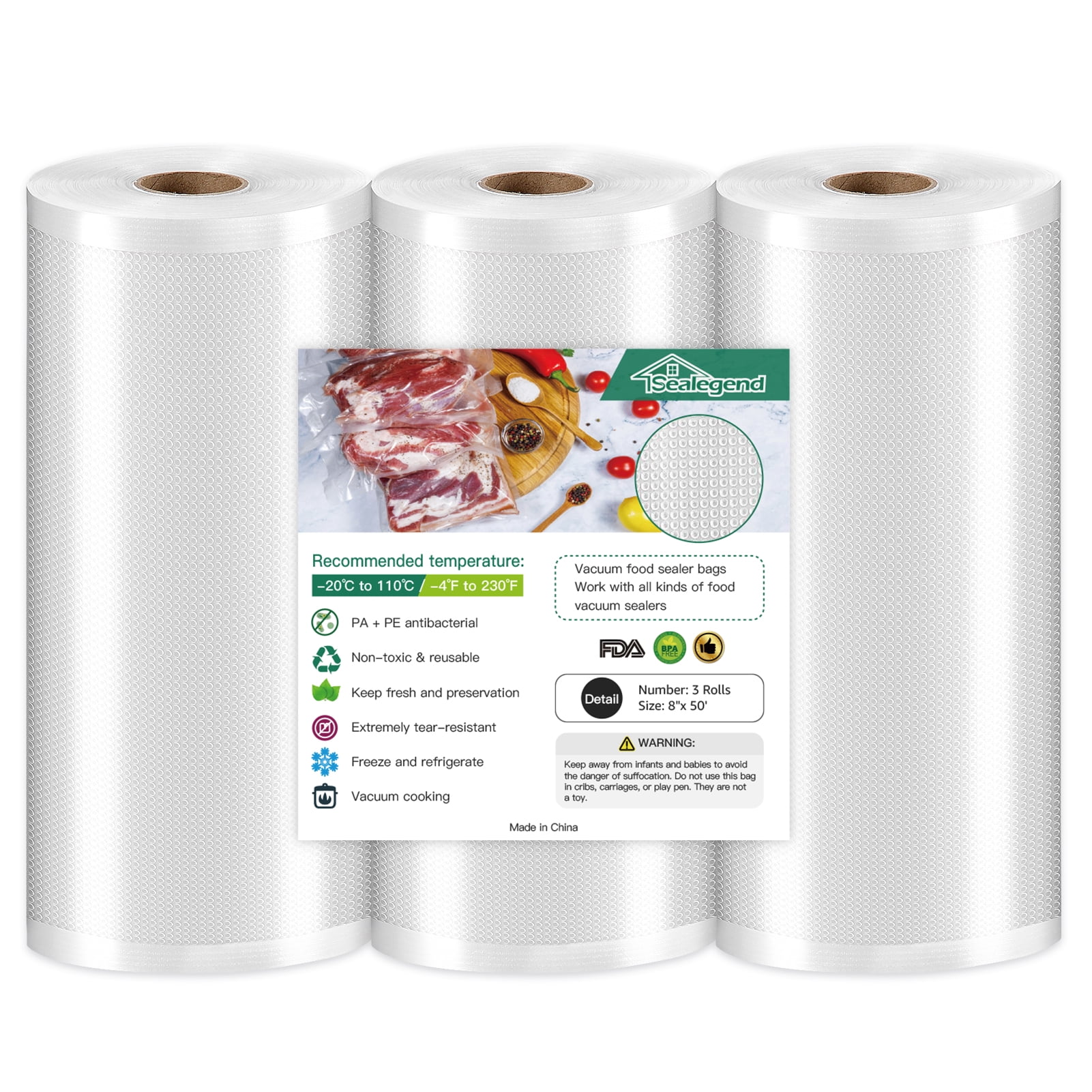 Sealegend 8x20' 2 Rolls Vacuum Sealer Bags For Food Saver,Food Saver Seal  a Meal Bags,Vacuum Seal Food Storage Bags 