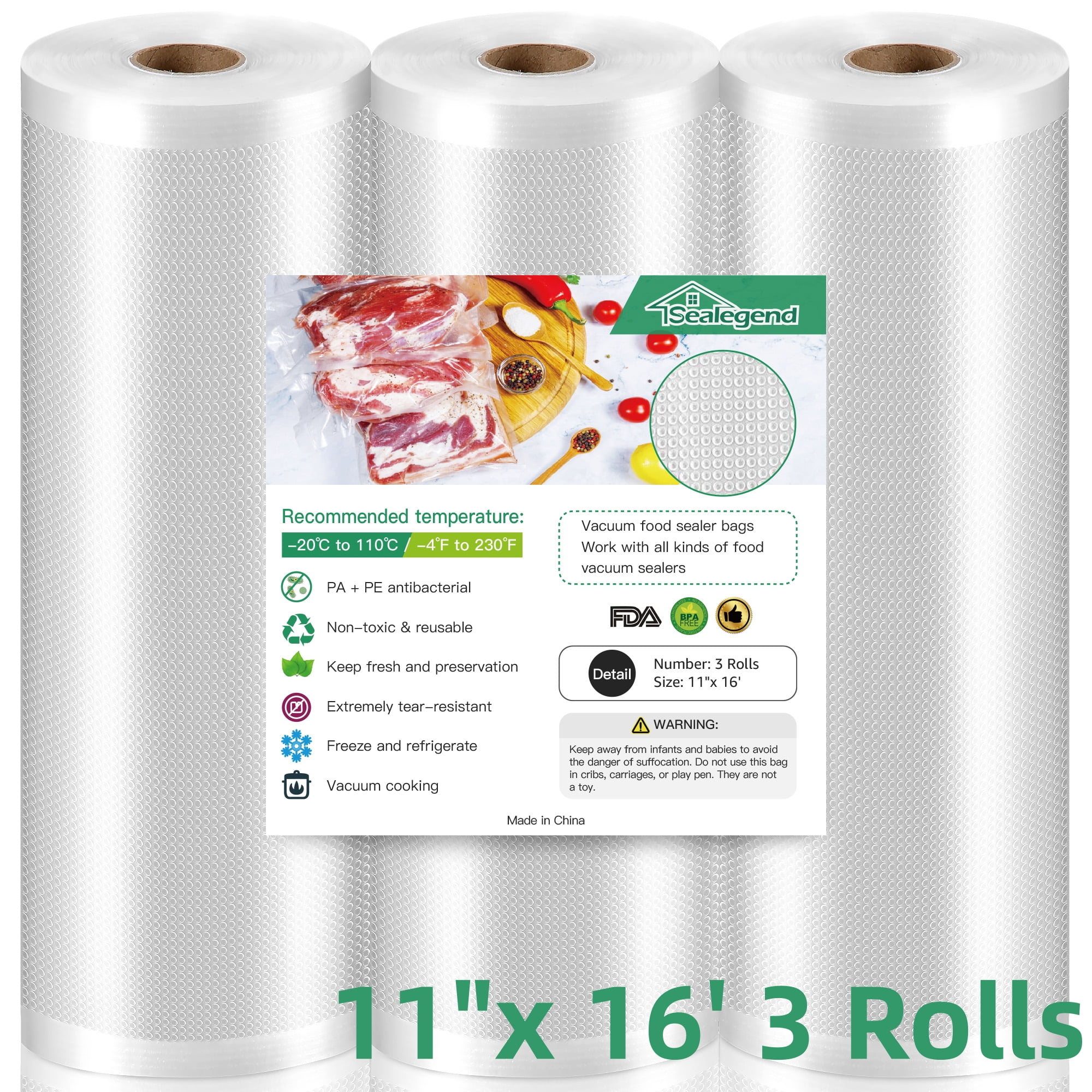Sealegend Vacuum Sealer Bags For Food Saver,11"x 16' 3 Rolls,Food Saver Storage Bags,Vacuum Seal Bags for Food