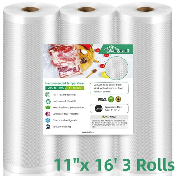 Sealegend Vacuum Sealer Bags For Food Saver,11"x 16' 3 Rolls,Food Saver Bags,Vacuum Seal Bags for Food, Food Saver Bags for Sealer
