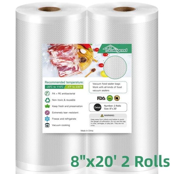 Sealegend Vacuum Sealer Bags for Food (2Pack 8"x20') Food Saver Bags, Seal a Meal Bags,Food Saver Storage Seal a Meal