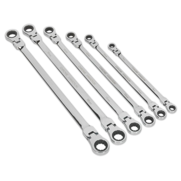 Sealey Ak63832 Flexi-Head Double End Ratchet Ring Spanner Set 6Pc X-Long Metric