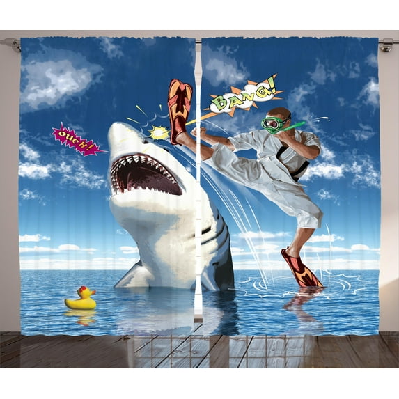 Ambesonne Sealife Curtains 2 Panel Set, Marine Navy Fish Sharks, 108" x 108", Multicolor