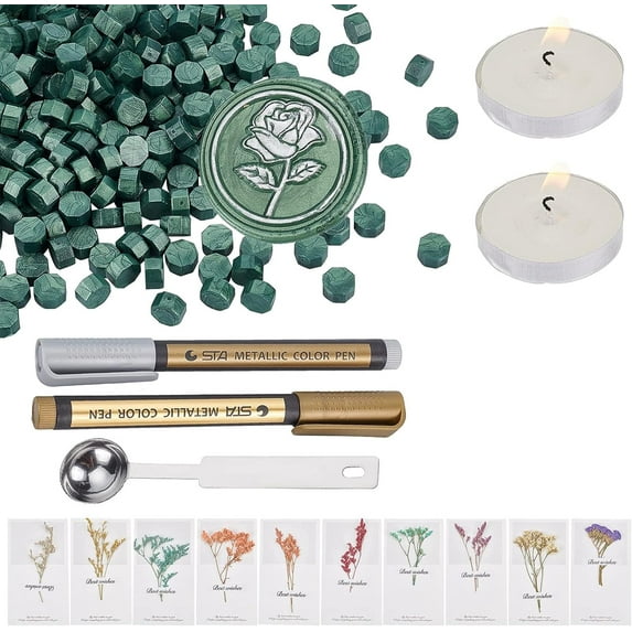 Sealing Wax Beads Kit 300PCS Wax Seal Beads Green with 10 Colors Dried Flowers Cards Wax Melting Spoon Candles Marker Pens for Sealing Invitation Card Gift