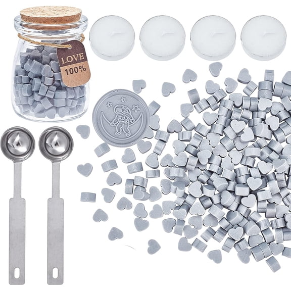Sealing Wax Beads Kit Silver Wax Seal Beads Set Heart Shape Packed in Glass Jar with 4PCS Candles and 2PCS Wax Melting Spoon for DIY Wedding Invitations Envelopes Valentine's Day Gift