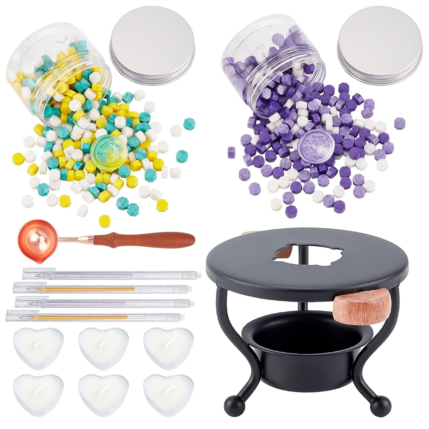Sealing Wax Kit Iron Wax Furnace with 2 Box 600pcs Sealing Wax Beads 1pc Wax Spoon 6pcs Heart Candles 4pcs Pen Wax Seal Warmer Melting Kits for Wedding Invitation Mixed Color 1set