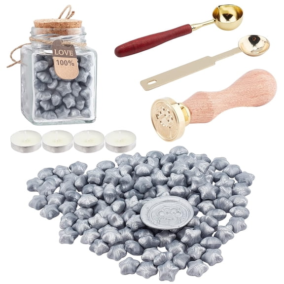 Sealing Wax Kit Wax Seal Stamp Footprint Vintage Sealing Wax Stamps with 130pcs Gray Wax Seal Beads Wooden Handle 2pcs Wax Spoon 4pcs Candle