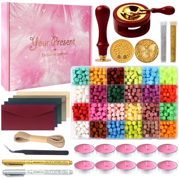CandWuom Sealing Wax, 24 Colors 860 Pcs Wax Seal Beads Kit with 2 Pcs Wax Sealing Stamps for Wedding Invitation Birthday Gift and DIY Craft