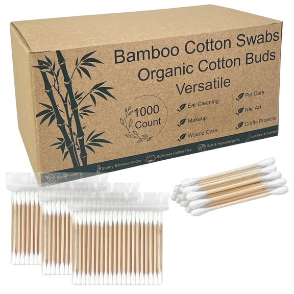 Sealive 1000 ct Bamboo Cotton Swabs - Firm Core Soft Tips Disposable for Makeup Application Skincare Personal Care Beauty Grooming, Nail Polish Eyeliner Touch-Up, Eco-Conscious Paper Box Storage