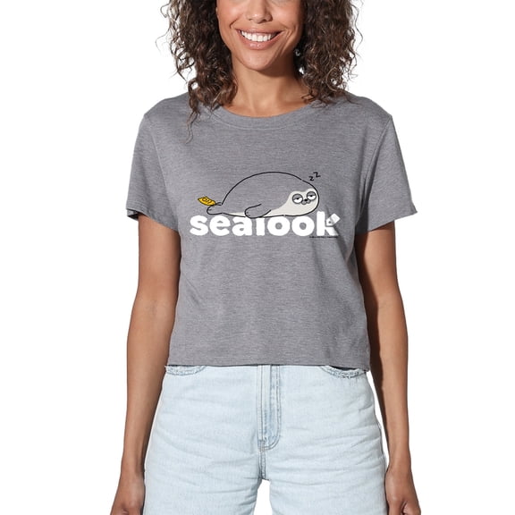 Sealook Sleepy Seal Women's Crop Top T-Shirt, Athletic Heather, Medium