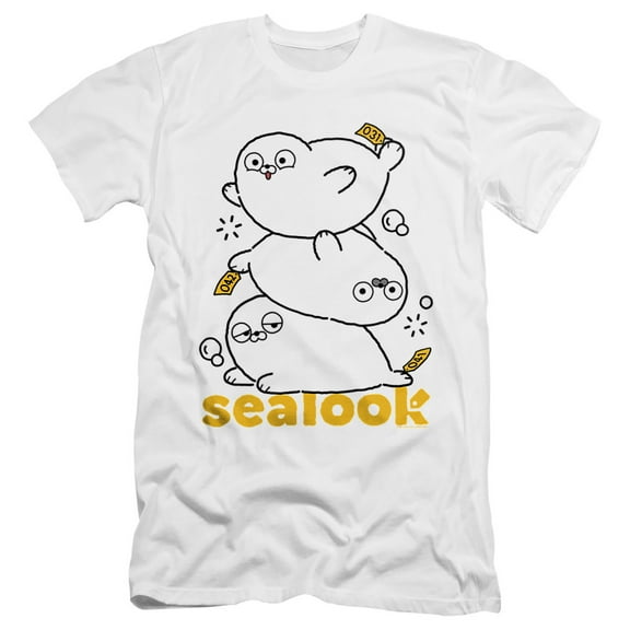 Sealook Stacked Seals Unisex Adult Canvas Brand T Shirt, White, Small