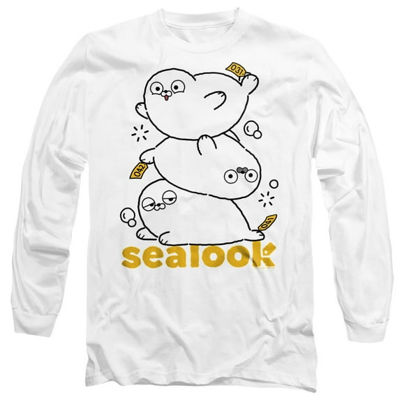 Sealook Stacked Seals Unisex Adult Long-Sleeve T Shirt, White, Large