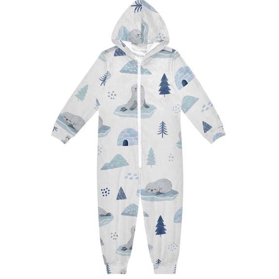 Seals Boys & Girls Hooded One-Piece Pajamas Warm Crystal velvet Hooded Long Sleeve Loungewear Jumpsuit Unisex