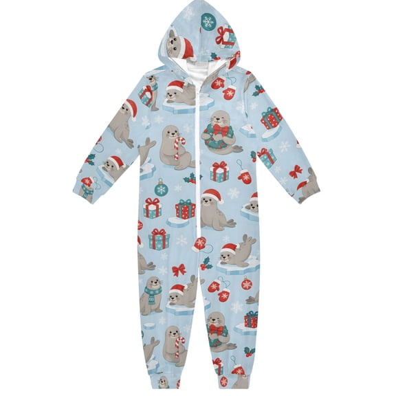 Seals Christmas Boys & Girls Hooded One-Piece Pajamas Warm Crystal velvet Hooded Long Sleeve Loungewear Jumpsuit Unisex