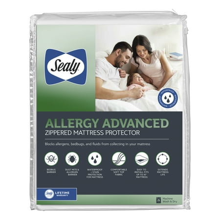 Sealy Allergy Advanced Mattress Cover Protector, Full, White- Zippered Waterproof