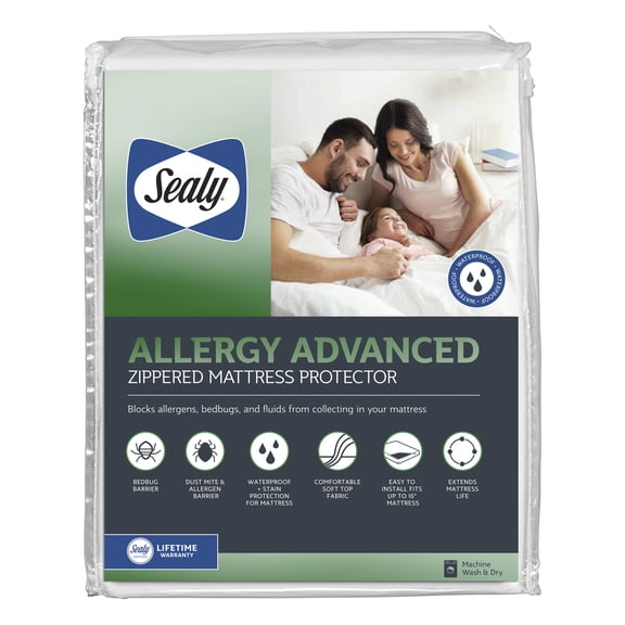 Sealy Allergy Advanced Mattress Cover Protector, Full, White- Zippered Waterproof