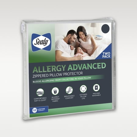 Sealy Allergy Advanced Zippered Pillow Protector, Standard/Queen (20" x 28"), 2 Pack
