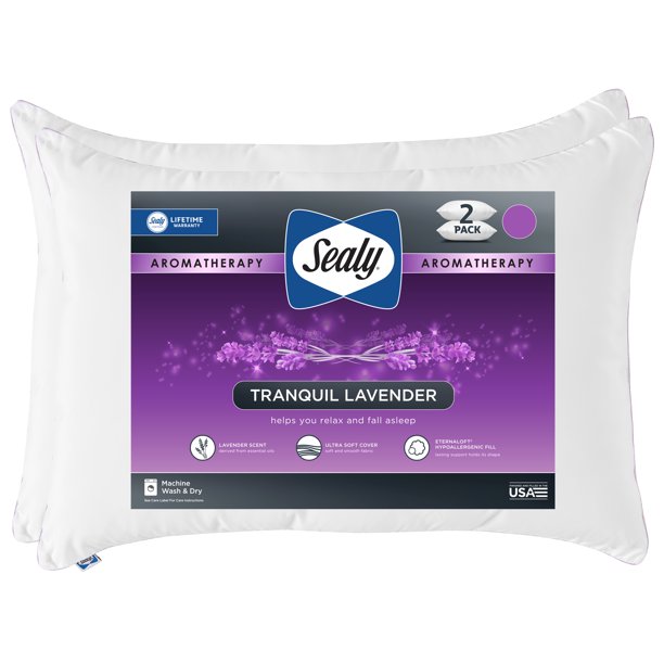 Sealy Aromatherapy Tranquil Lavender Bed Pillow, Standard/Queen, Set of