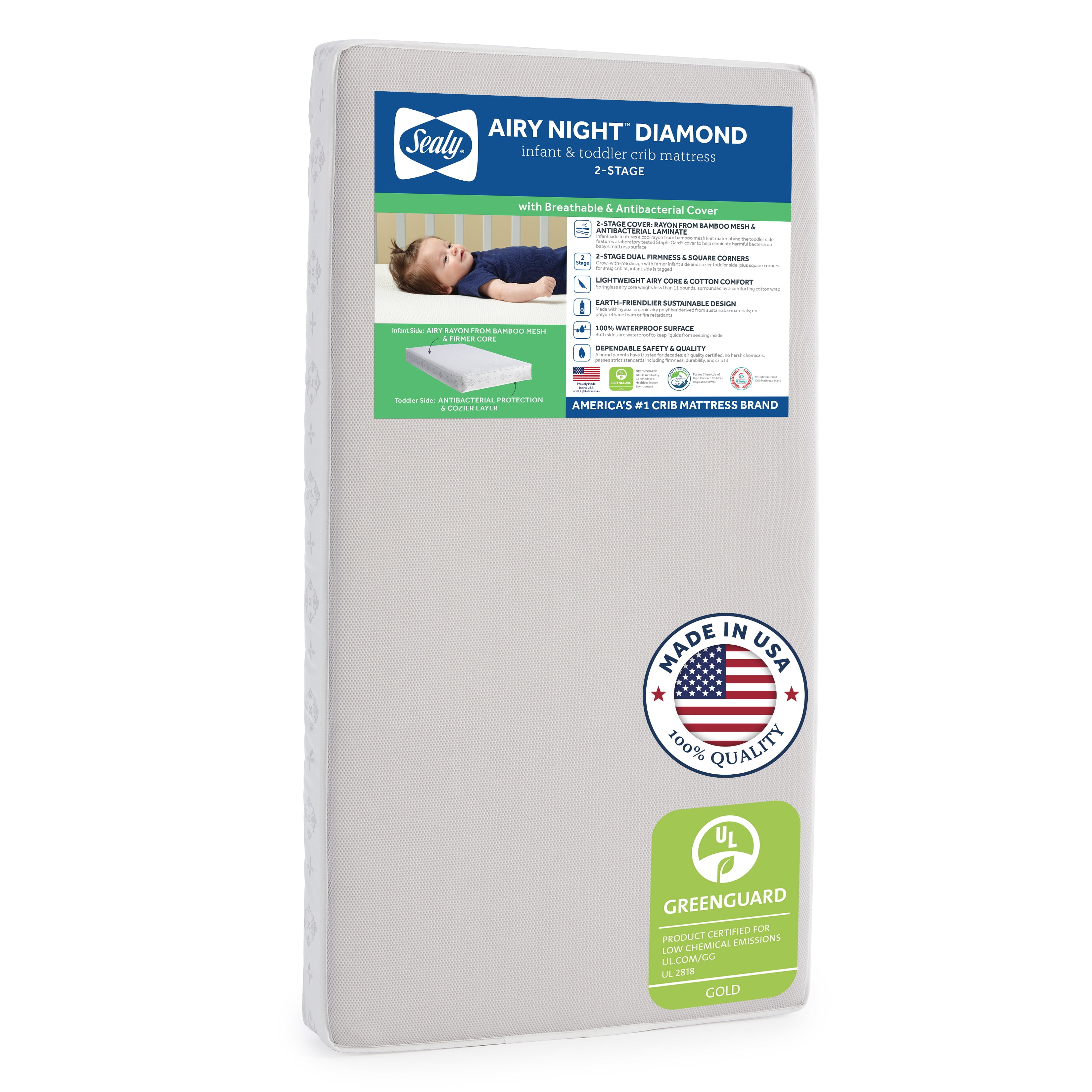 Sealy Baby Diamond Air 2-Stage Infant and Toddler Crib Mattress with Breathable Bamboo Mesh