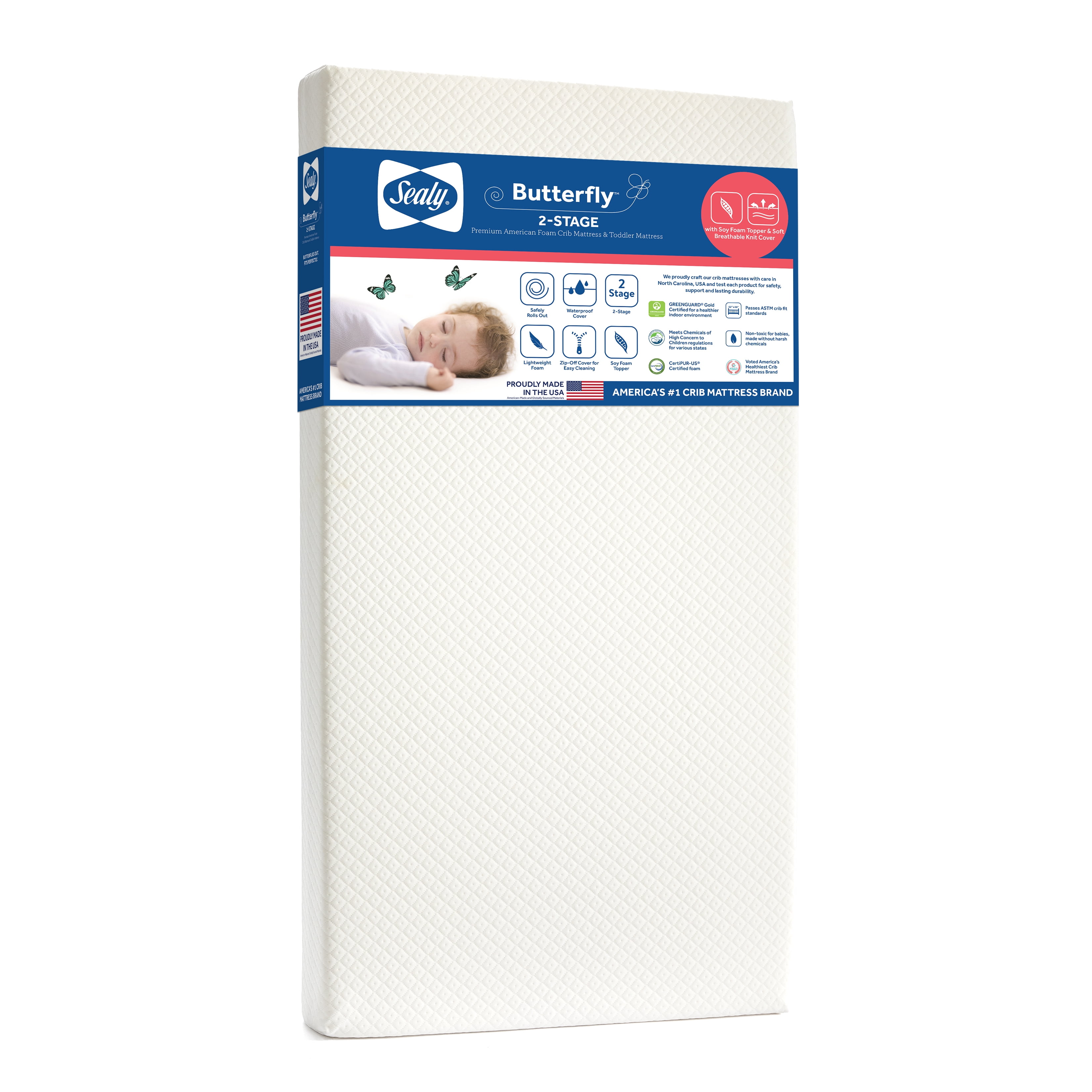 Sealy Butterfly 2-Stage Breathable Foam Crib Mattress and Toddler Mattress, White