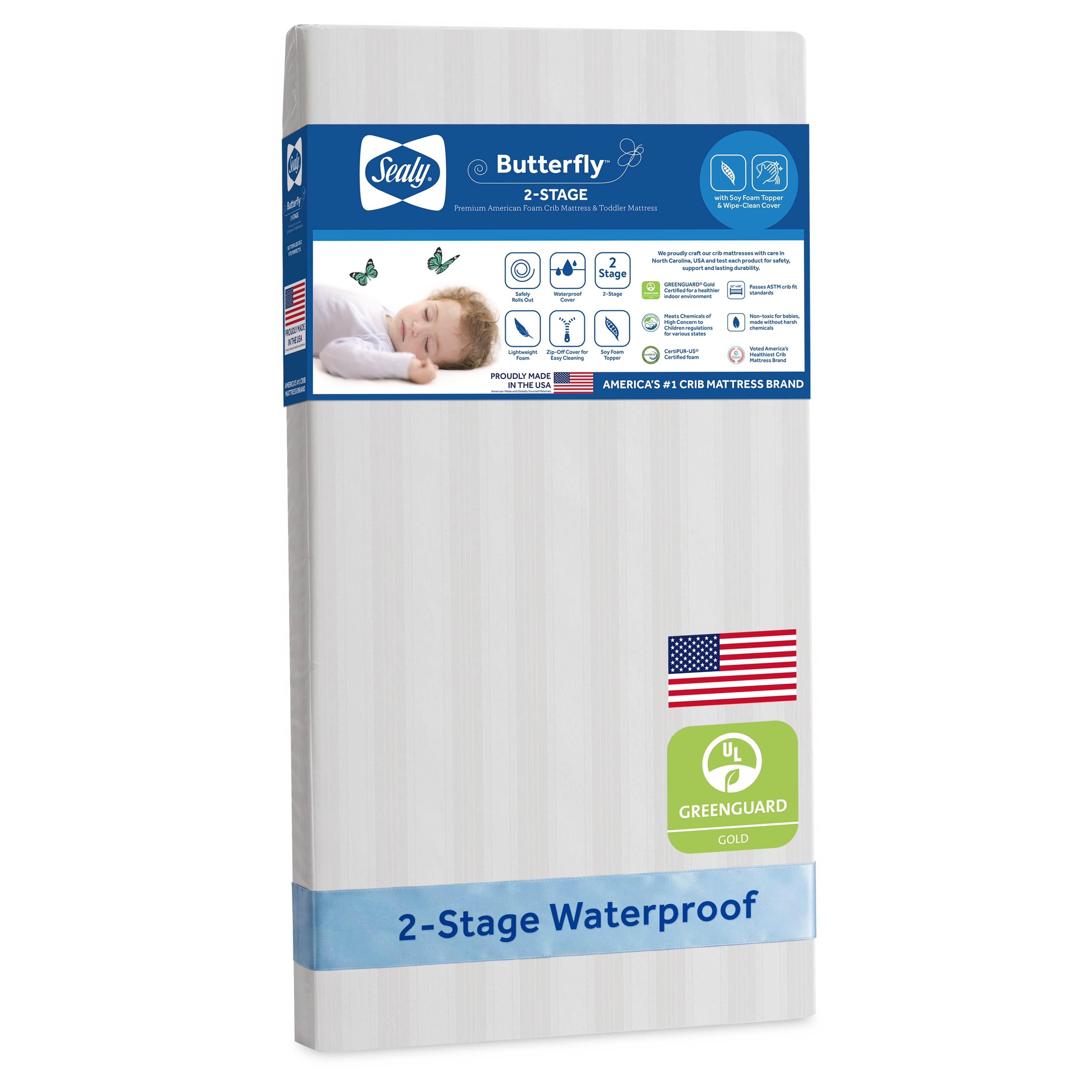 Sealy Butterfly 2-Stage Extra Firm Crib & Toddler Mattress with Waterproof Zip Cover, CERTIPUR-US Certified Foam