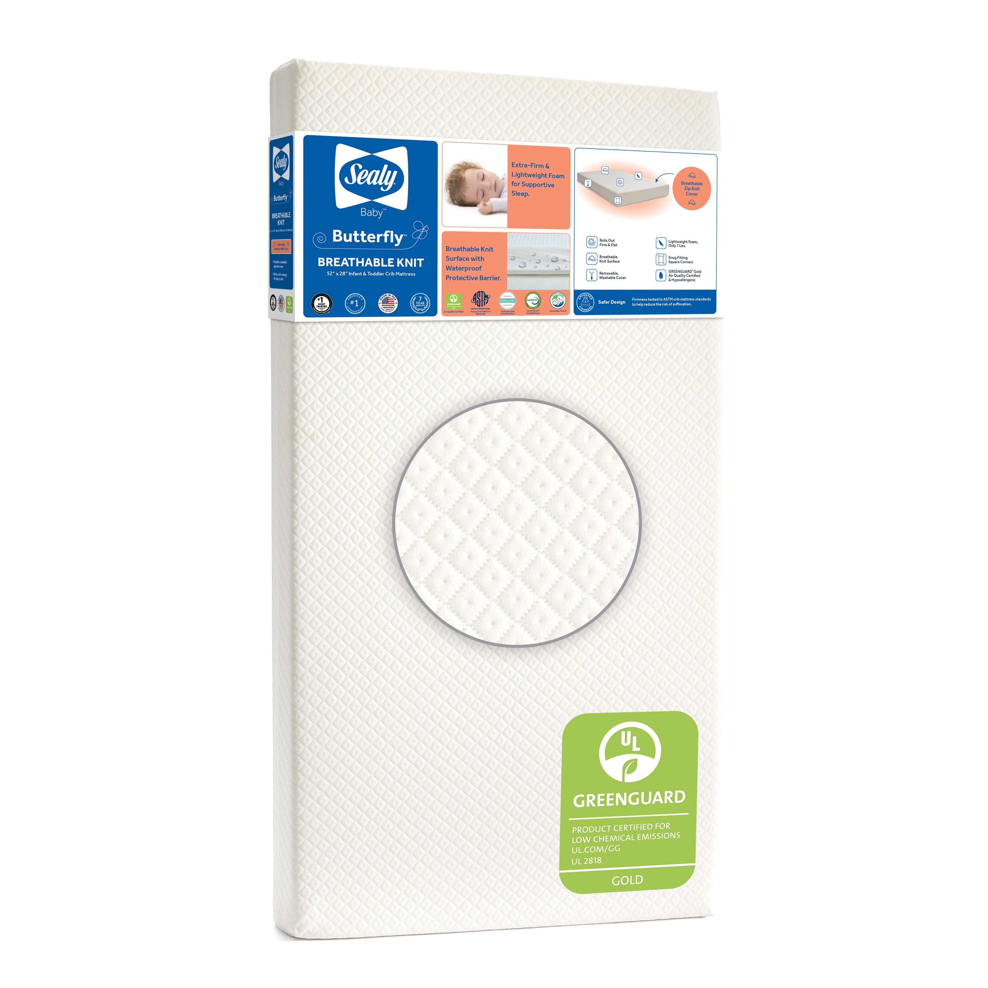 Sealy Butterfly, Premium Firm Baby Crib and Toddler Mattress in a Box, Breathable Knit Cover