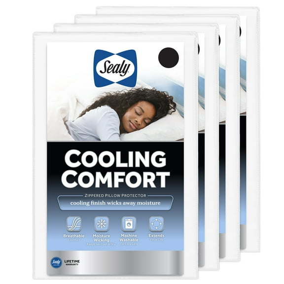 Sealy Cool Comfort Pillow Cover Protector, S/Q, White- Zippered Soft Touch Fabric 4-Pack
