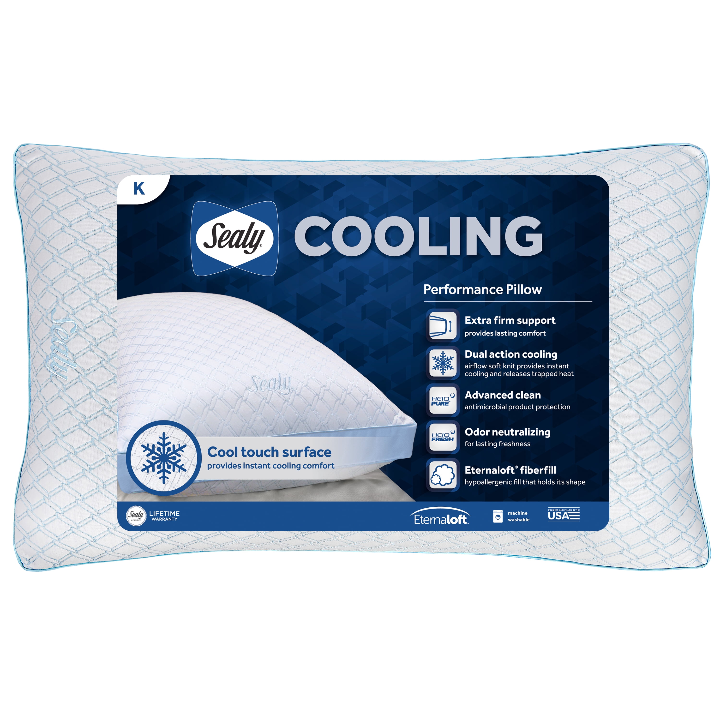 Sealy Cooling Performance Odor Neutralizing Extra Firm Support Machine Washable Pillow King