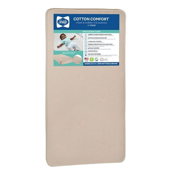 Sealy Cotton Comfort 2-Stage Baby Crib & Toddler Mattress with 204 Coil Innerspring and Waterproof Cotton Cover