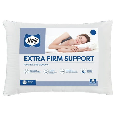 Sealy Extra Firm Support Bed Pillow, S/Q, White- Cotton Cover Gusseted Side Sleeper