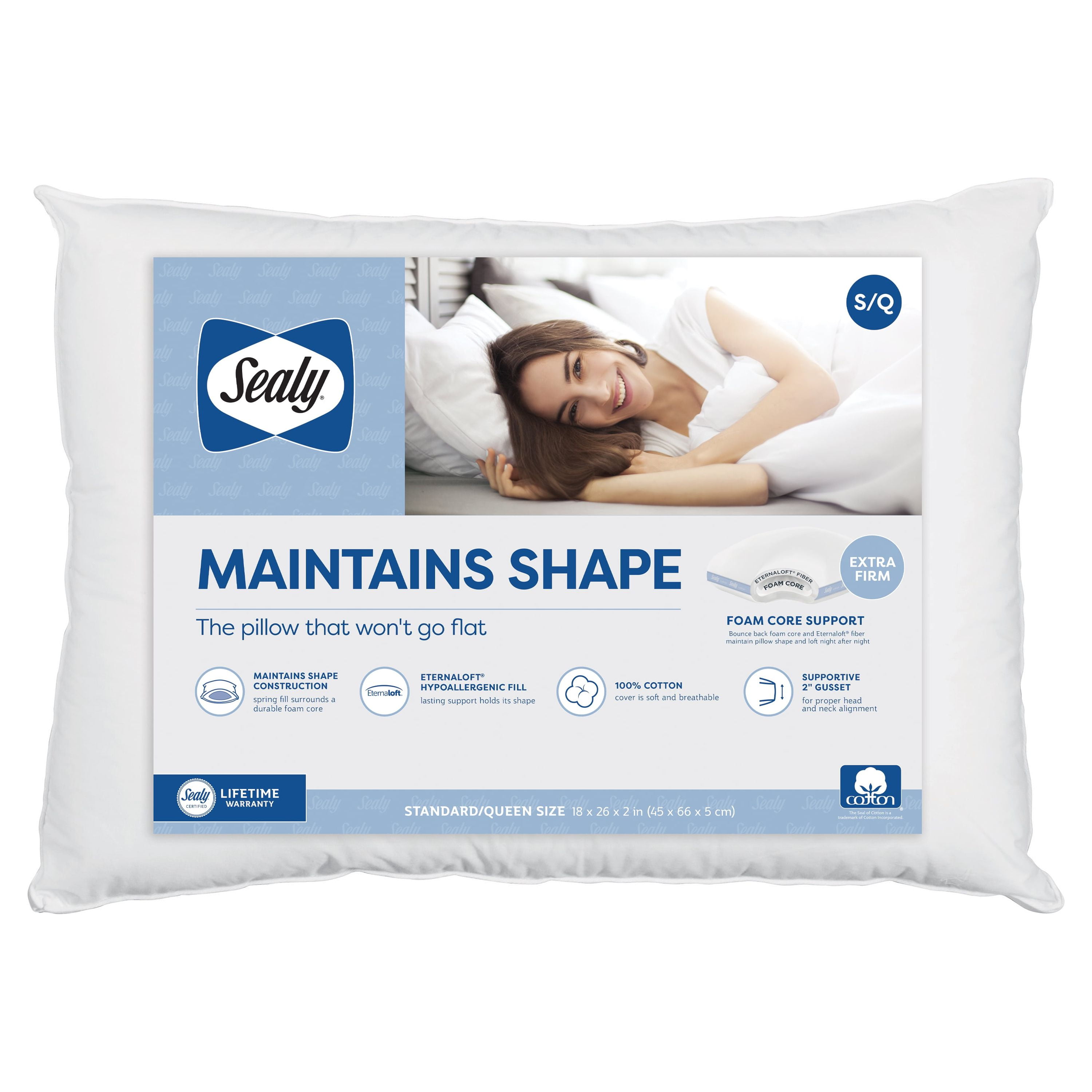 Sealy Extra Firm Maintains Shape Pillow, White, King, Cotton