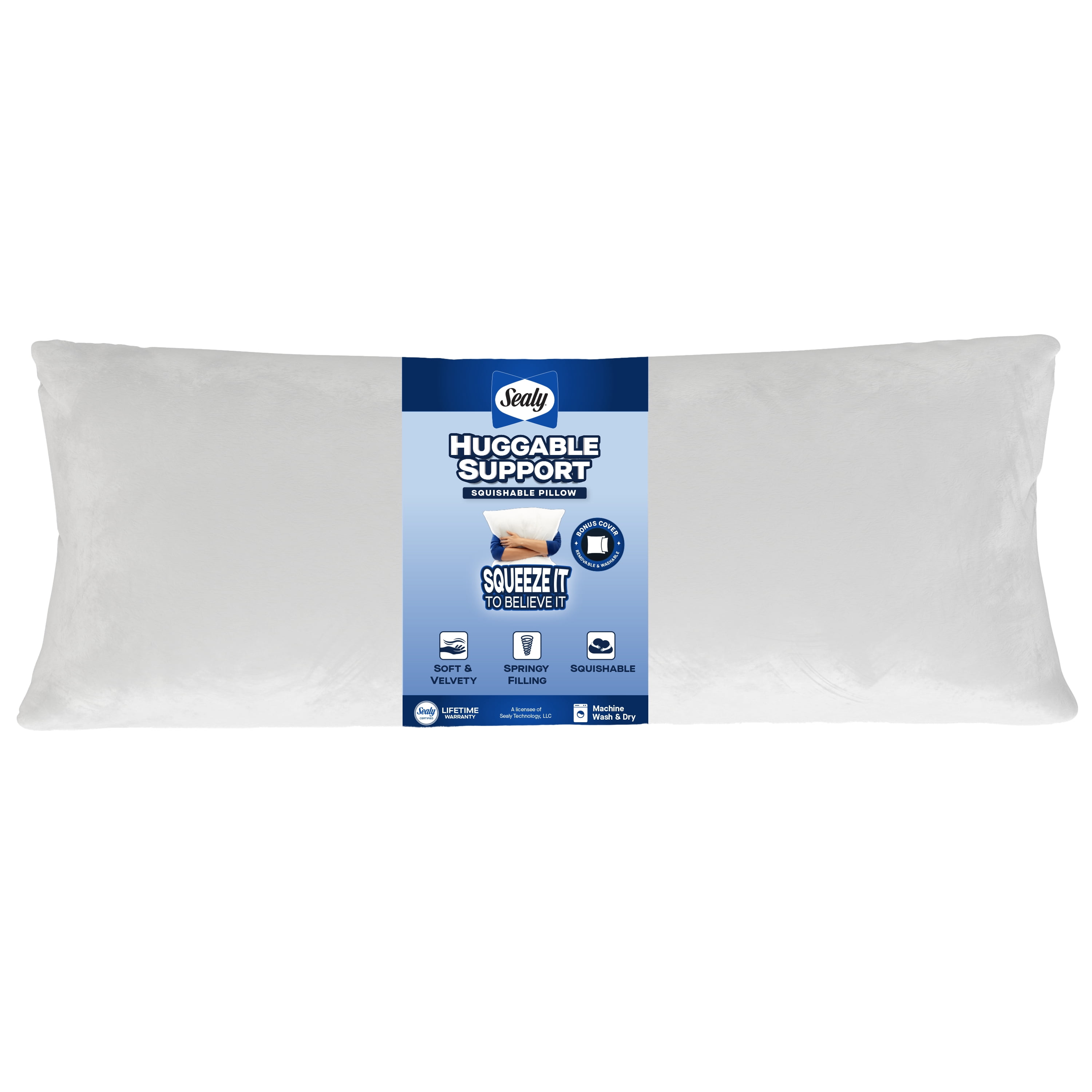 Sealy Huggable Support Body Pillow, 46"- Soft Velvety Cover, Squishable Comfort