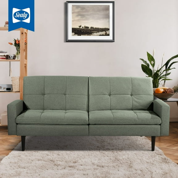 Sealy Kennedy Pillowtop Sofa Convertible in Green with Solid Wood Legs in Espresso