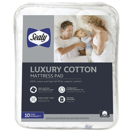 Sealy ® Luxury 100% Cotton Soft Top Mattress Pad, Queen - Fitted, High Loft