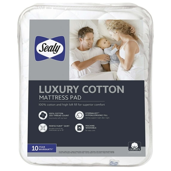 Sealy ® Luxury 100% Cotton Soft Top Mattress Pad, Queen - Fitted, High Loft