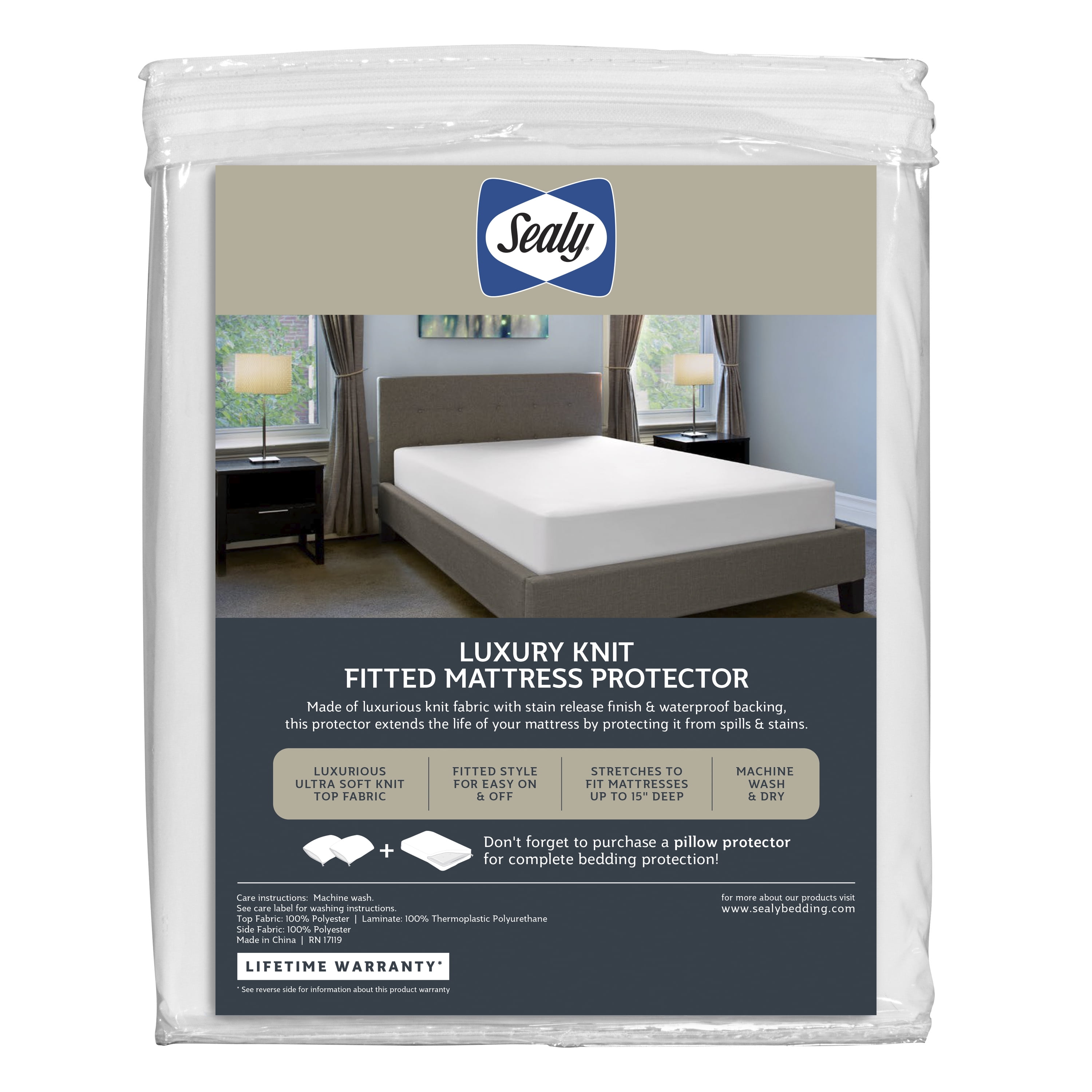 Sealy Luxury Knit Waterproof Fitted Mattress Protector, Queen