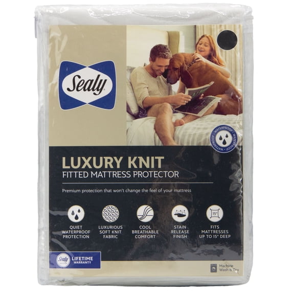 Sealy Luxury Knit Mattress Cover Protector, Queen, White- Fitted Waterproof Stain Release