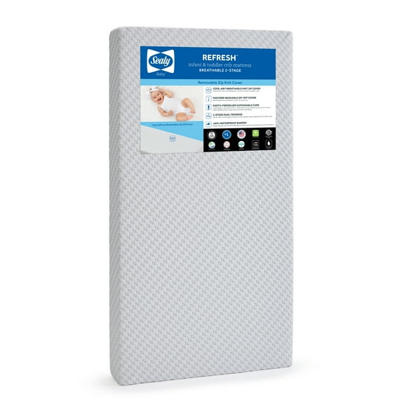 Sealy Refresh Breathable 2-Stage Dual Firm Crib Mattress, Toddler Mattress, Removable Washable Cover, GREENGUARD Certified Baby Mattress for Crib, White