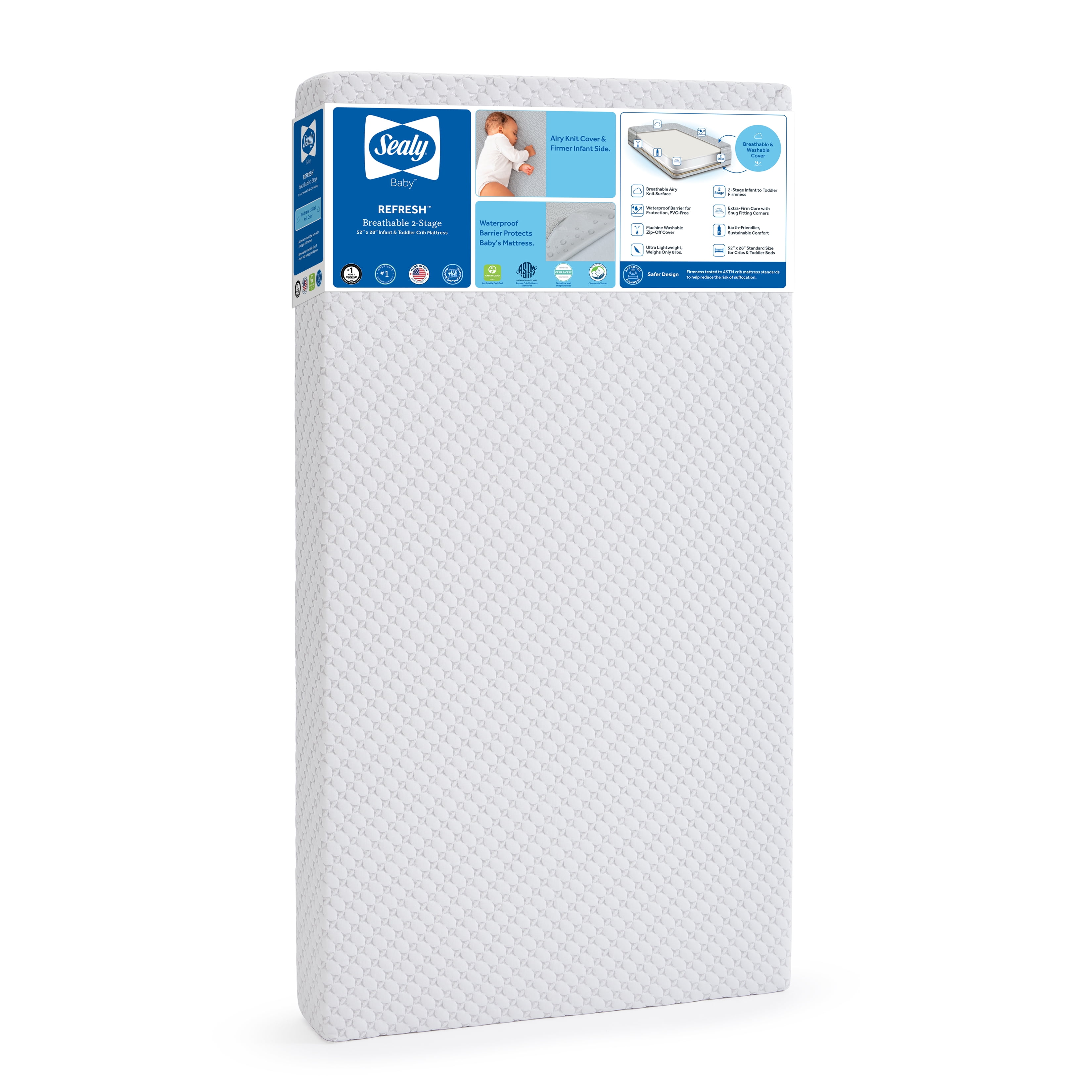 Sealy Refresh Breathable 2-Stage Dual Firm Crib Mattress, Toddler Mattress, Removable Washable Cover, GREENGUARD Certified Baby Mattress for Crib, White