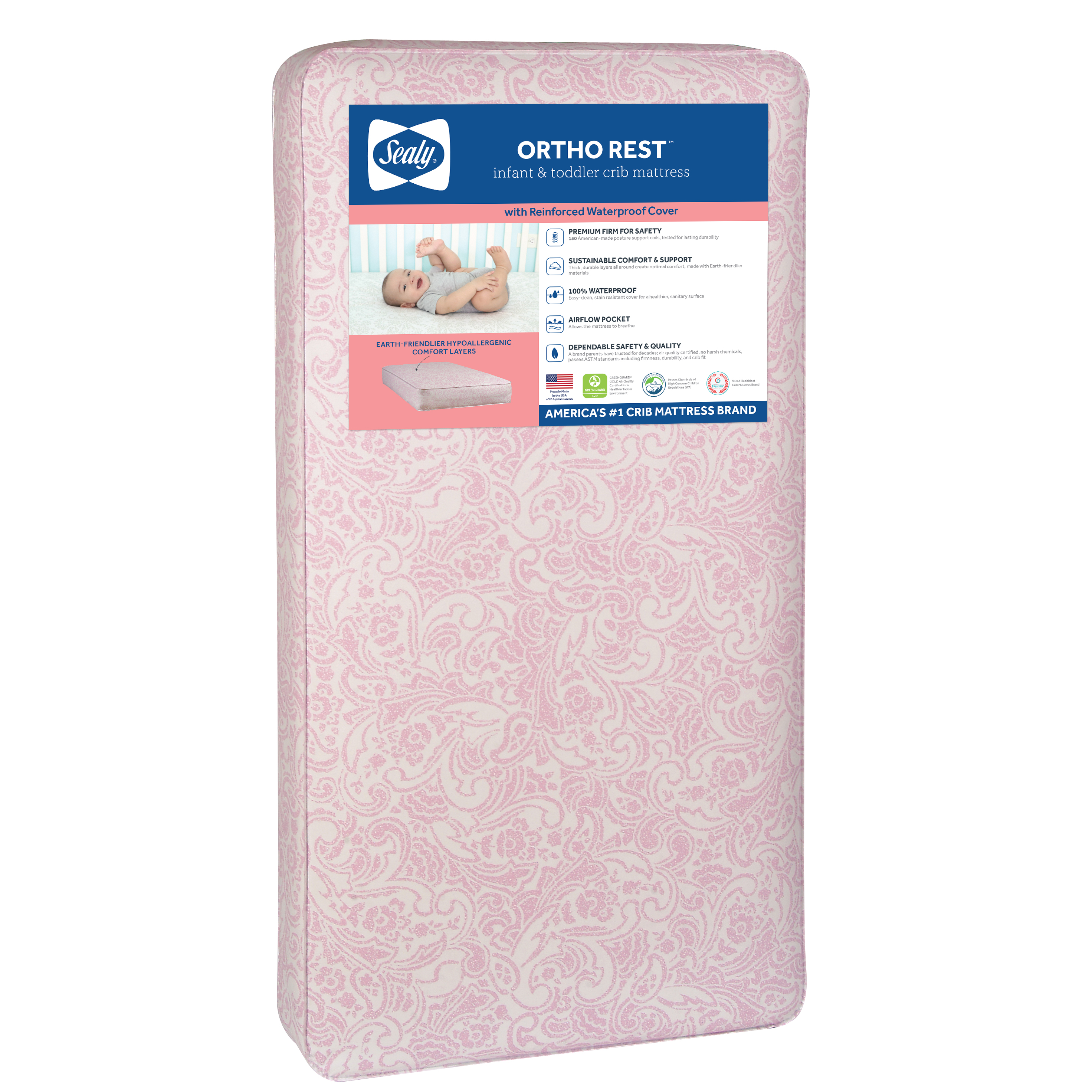 Sealy Ortho Rest Premium Firm Baby Crib & Toddler Mattress, 150 Coil, Pink - image 1 of 13