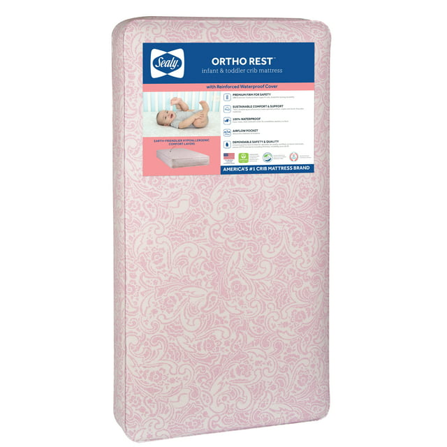 Sealy Ortho Rest Premium Firm Baby Crib & Toddler Mattress, 150 Coil, Pink