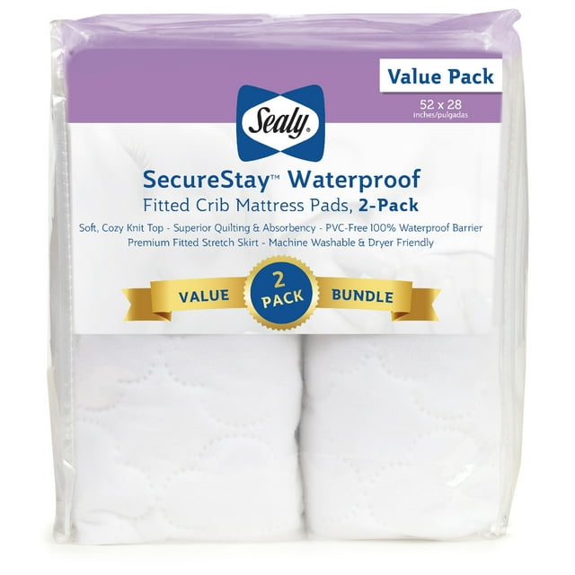 Sealy Secure Stay Waterproof Mattress Pads, Crib, White, 2Pieces, 52