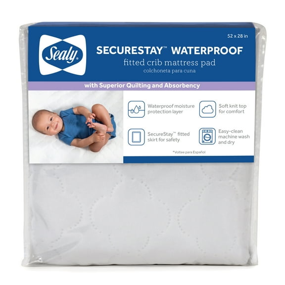 Sealy SecureStay Waterproof Crib Mattress Pad, Quilted Baby/Toddler Mattress Protector 52x28 White