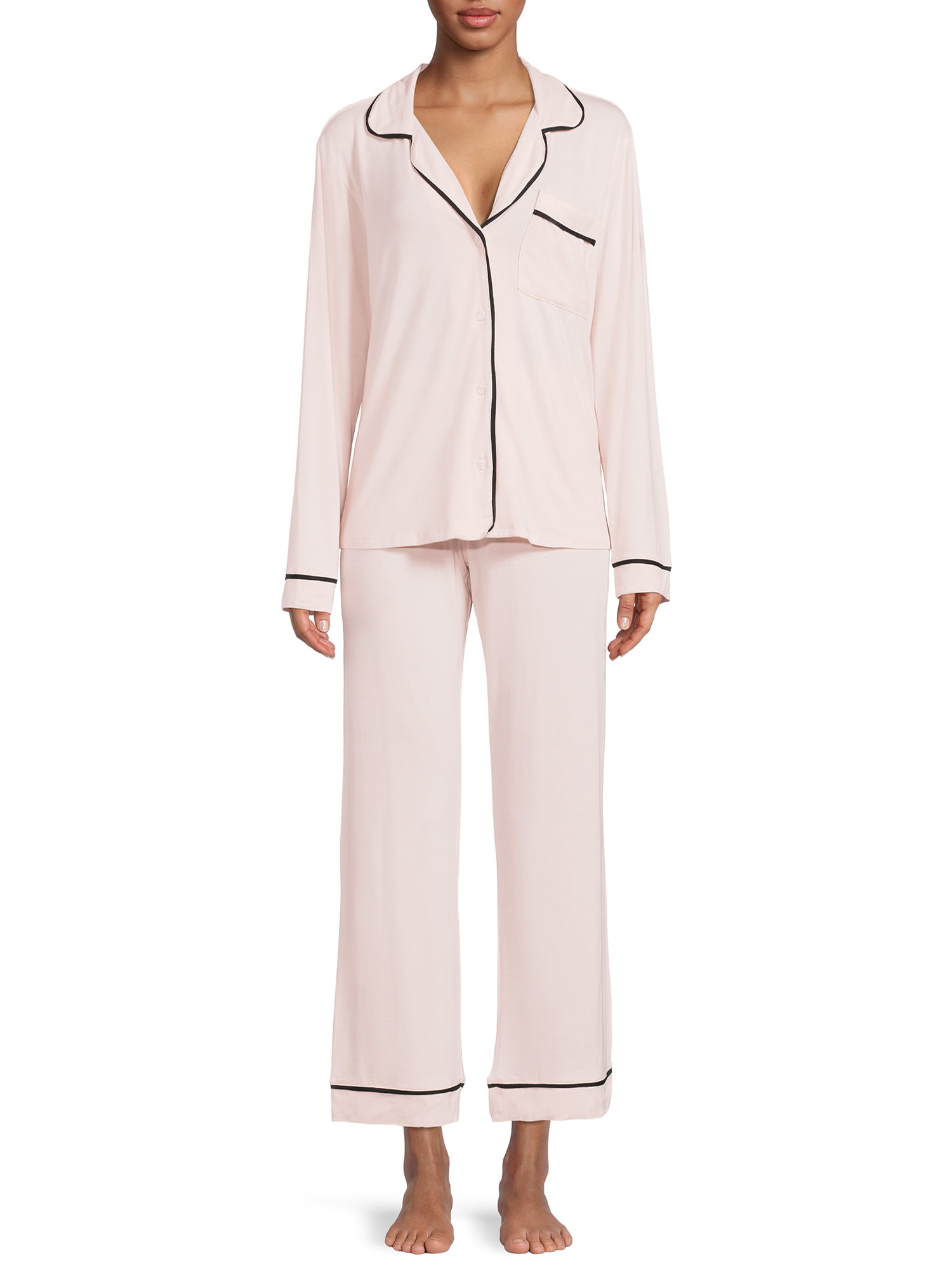 OYOANGLE Women's 2 Piece Pajama Set Silk Satin Lace Trim Striped Jacquard  Lapel Collar Long sleeve Top and Pants PJ Set Dusty Pink S at   Women's Clothing store